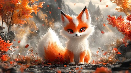 Wall Mural - Adorable Fox Sitting in a Fall Forest.