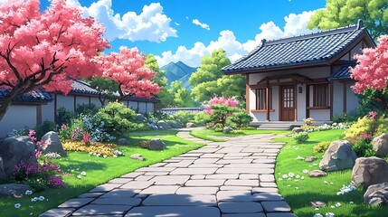 Wall Mural - Japanese Garden Path with Cherry Blossom Trees and House.