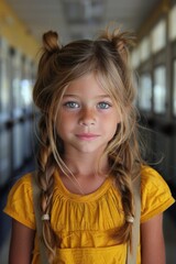 Wall Mural - A young girl with long blonde hair and blue eyes is wearing a yellow shirt