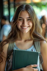 Wall Mural - A girl is smiling and holding a book