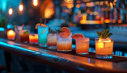 Wall Mural - Dimly lit cocktail bar showcasing an array of colorful cocktails on the counter with a blue ambiance