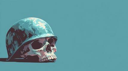 Skull resting on military helmet, war and death, flat design illustration