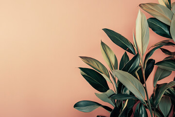 Wall Mural - A Touch of Green: Lush Leaves Against a Peachy Wall, Perfect for Your Branding