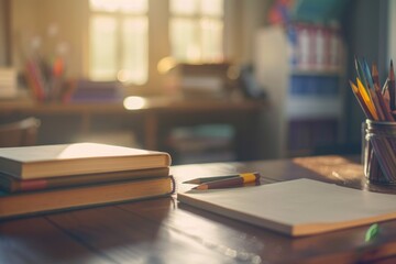 A desk with a stack of books and a jar of pencils