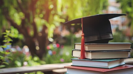 A black cap with a red tassel sits on top of a stack of books