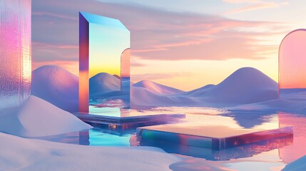 Poster - Abstract Minimalist Landscape with Iridescent Glass Structures