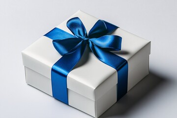 A beautifully wrapped white gift box with a vibrant blue ribbon on a plain background, perfect for any special occasion