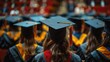 © Synthetica - A woman wearing a black cap and gown sits in a classroom with other graduates