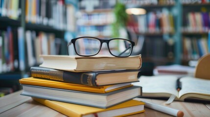 A stack of books with a pair of glasses on top