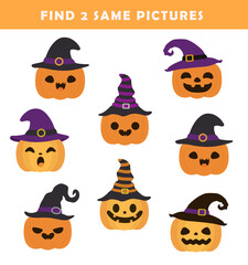 Wall Mural - Find 2 same pictures. Puzzle game for children. Preschool worksheet activity for kids. Educational game with cute halloween pumpkin.	