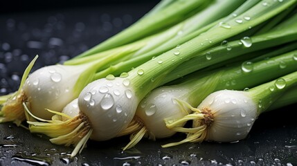 Wall Mural - Pile of fresh leeks with glistening droplets of water. Advertising photography. Neural network ai generated art