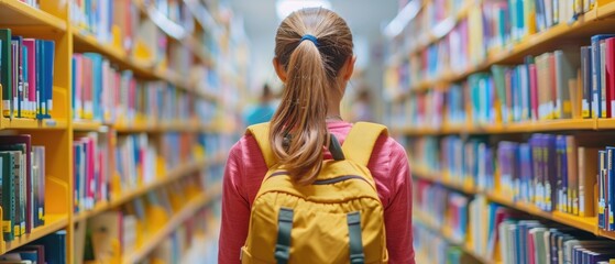 A girl wearing a yellow backpack is walking through a library