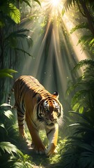 Wall Mural - Majestic tiger walking through dense jungle foliage with sun rays breaking through
