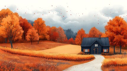 Wall Mural - Autumnal Cabin in a Forest of Golden Trees.