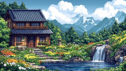 Sticker - Traditional Japanese House with Waterfall and Mountain View.