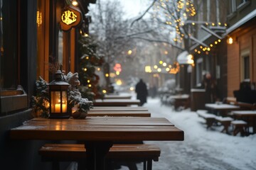 Rustic wooden table with lantern and garland in outdoor cafe on snowy winter evening