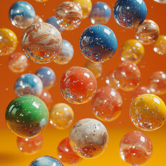 Colorful spheres and bubbles floating in vibrant orange space.
