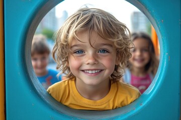 Wall Mural - Smiling Boy Looking Through a Hole