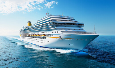 Luxury cruise ship sailing in the open ocean under clear blue skies.
