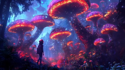 Canvas Print - A lone figure exploring a glowing mushroom forest