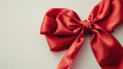 A vibrant red satin bow elegantly arranged on a light background, ideal for gift wrapping.