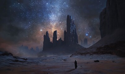 Poster - Solitary Figure Walking Towards Tall Rock Formations Under a Starry Sky