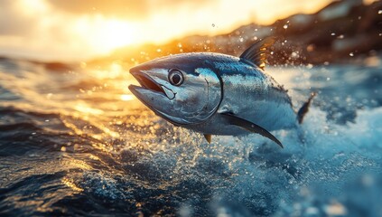 Wall Mural - Tuna Leaping Out of the Water at Sunset