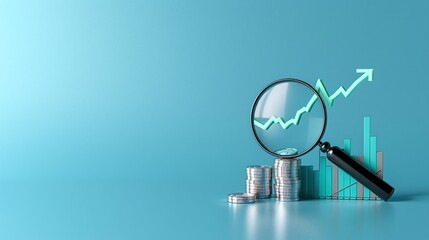 A magnifying glass over coins with a rising graph, symbolizing financial growth and investment opportunities in a modern design.