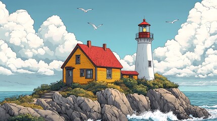 Sticker - Lighthouse on a Rocky Coast with a Quaint House and Puffy Clouds.