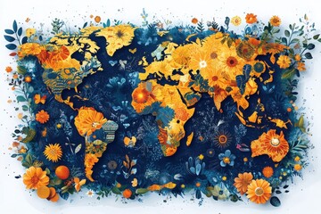 A beautifully illustrated world map featuring floral patterns in bright colors, celebrating nature