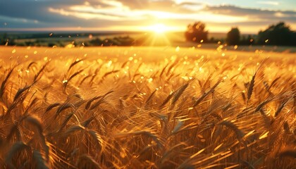 Wall Mural - Golden wheat field swaying in a gentle breeze under warm sunlight