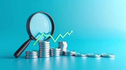 Wall Mural - A magnifying glass over stacks of coins with a rising graph, symbolizing financial growth and investment analysis.