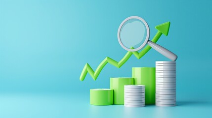 Wall Mural - A modern financial illustration showing growth with stacks, graphs, and a magnifying glass emphasizing analysis and investment.