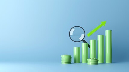 Wall Mural - A modern illustration of financial growth with green bar graphs and a magnifying glass highlighting upward trends.