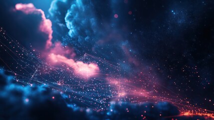 Technology networking and digital communication in business with cloud computing concept web storage for data global social media ai server online binary illustration background modern futuristic