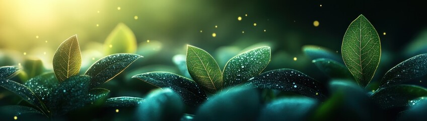 Wall Mural - Fresh Green Leaves with Dew Drops and Sunlight