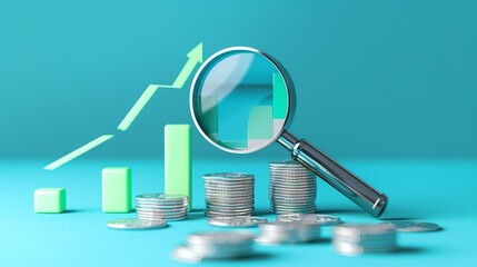 Wall Mural - Close-up of a magnifying glass examining coins with a rising graph, symbolizing financial analysis and investment growth.