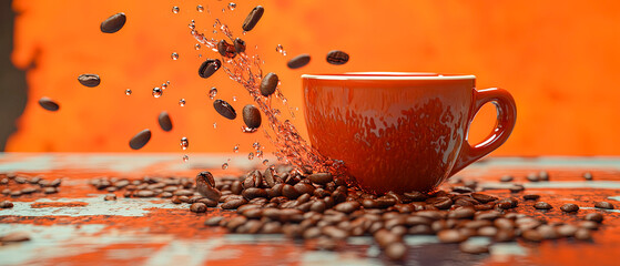 Coffee cup with latte art on coffee beans background.
