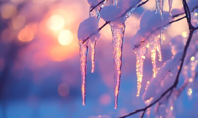 Icicles Glowing in the Sunset with Bokeh Background