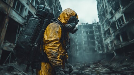 A lone figure in a hazmat suit walks through a destroyed city.