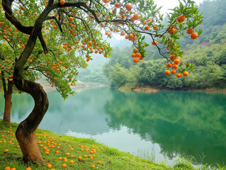 Wall Mural - A tree with oranges on it is next to a body of water. The oranges are scattered on the ground, and the water is calm and reflective. The scene is peaceful and serene, with the oranges