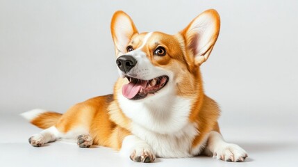 Wall Mural - A playful corgi lying down, showcasing its friendly expression and fluffy fur.