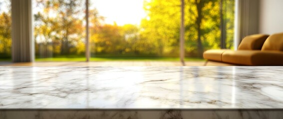 Poster - In a modern white room, a marble tabletop displays products.