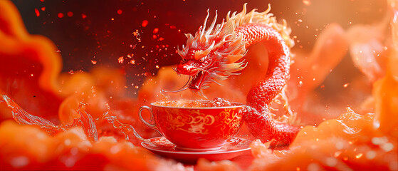 Wall Mural - red flying dragon cute with a cup of tea or juice