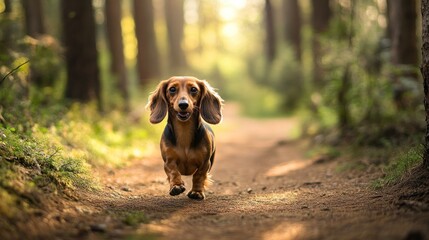 Sticker - A playful dachshund runs joyfully along a sunlit forest path.