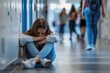 © Dina - Sad teenage girl sitting on the floor in a school hallway, feeling isolated and lonely.