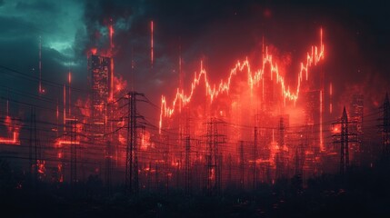 Sticker - Cityscape with a Red Glow and a Rising Chart in the Night Sky