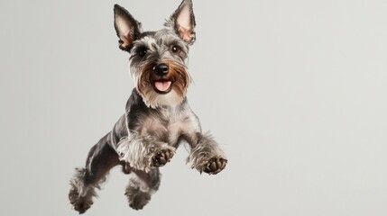 A playful dog joyfully leaps in mid-air against a light backdrop.