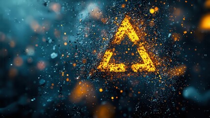 Poster - Hazardous of synthetic Chemical Toxic concept: Dynamic explosion of glowing particles forming a triangle shape on a dark background, creating a vibrant and mystic ambiance.