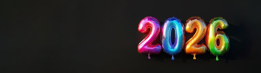 Wall Mural - HAPPY NEW YEAR 2026 with text - silvester party celebration holiday, new year's eve concept greeting card banner - Rainbow colored year number date balloons font, isolated on black table background